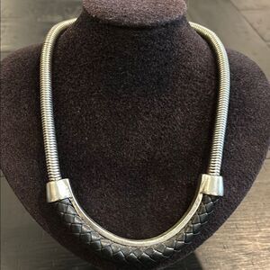 Silver and Black Leather Woven Necklace Edgy Classy